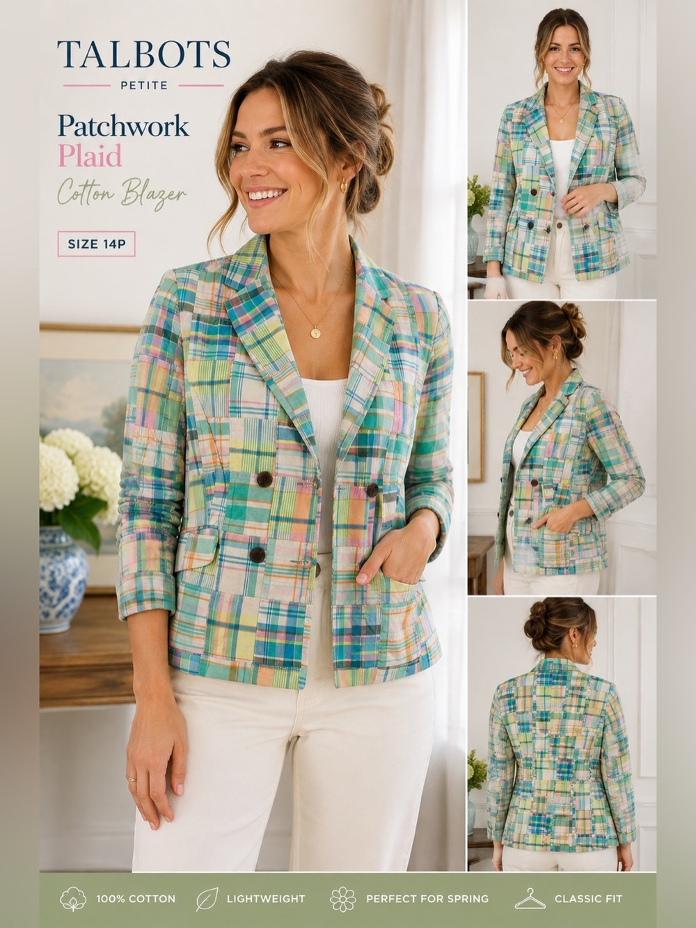 Talbots Petite 14P Patchwork Plaid Cotton Blazer Jacket Preppy Spring
